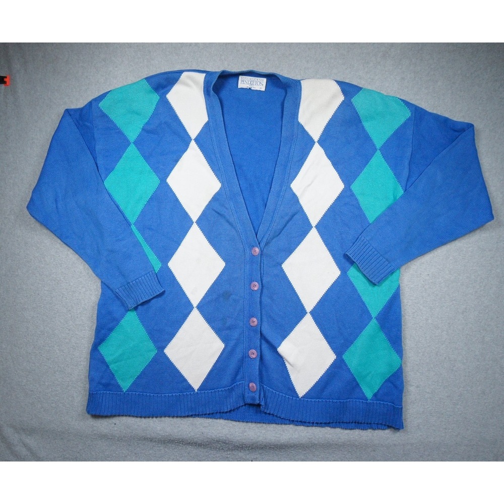 Vintage Pendleton Sophisticates Cardigan Sweater Womens 1X Blue Argyle Made USA